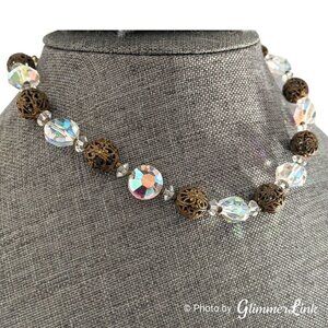 Vintage 1960s Lisner Aurora Borealis & Filigree Beads Choker Necklace